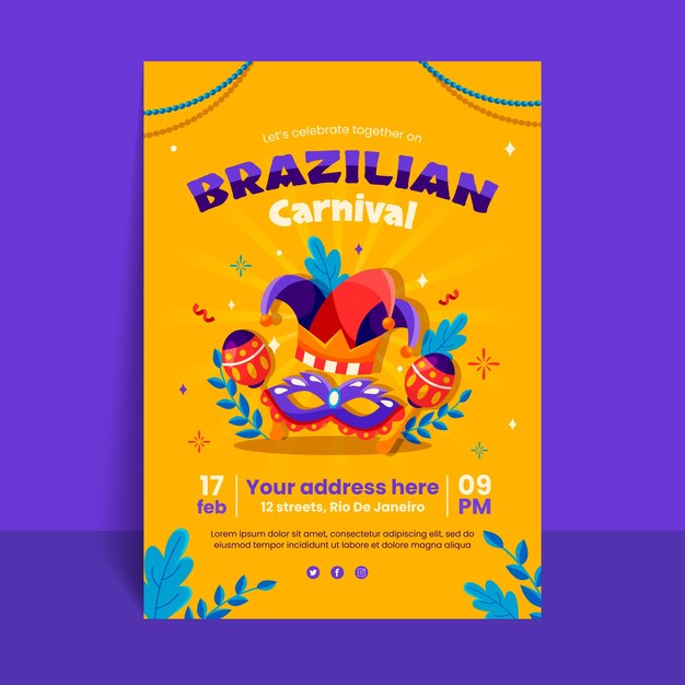 Modelo de cartaz vertical de celebração de carnaval brasileiro plano