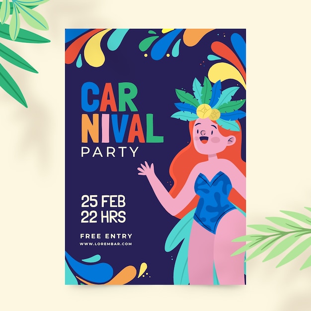 Modelo de cartaz vertical de celebração de carnaval brasileiro plano