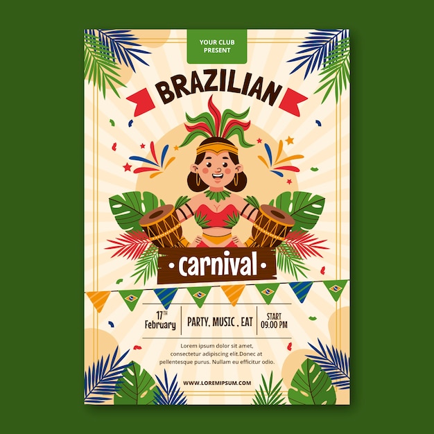 Vetor grátis modelo de cartaz vertical de celebração de carnaval brasileiro plano