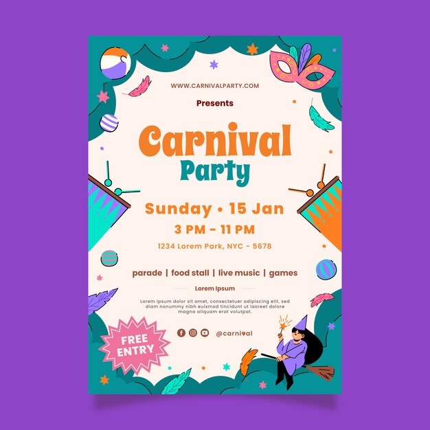 Modelo de cartaz vertical de celebração de carnaval desenhado à mão