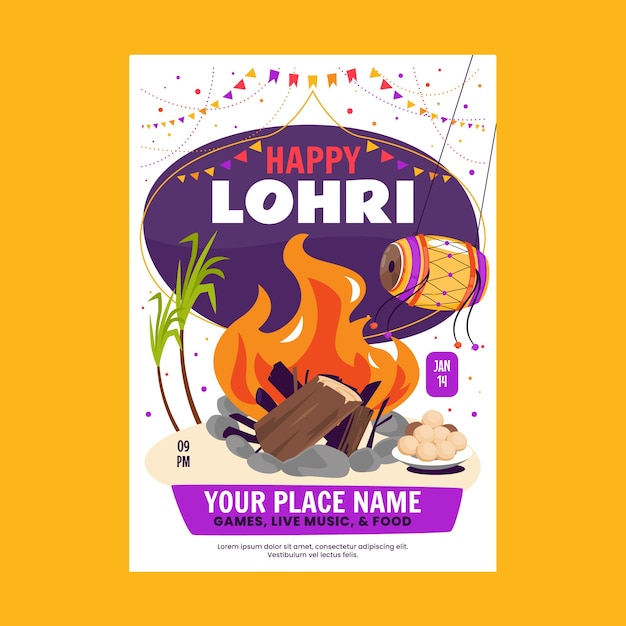 Vetor grátis modelo de cartaz vertical de celebração do festival lohri plano