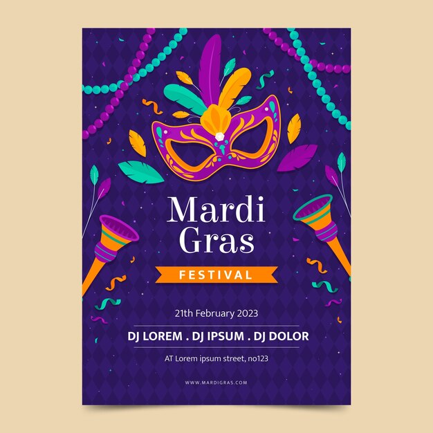 Modelo de cartaz vertical de celebração do festival mardi gras plano