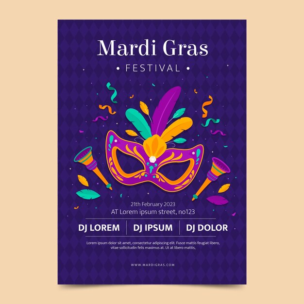 Modelo de cartaz vertical de celebração do festival mardi gras plano