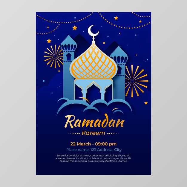 Modelo de cartaz vertical de celebração do ramadã em estilo de papel