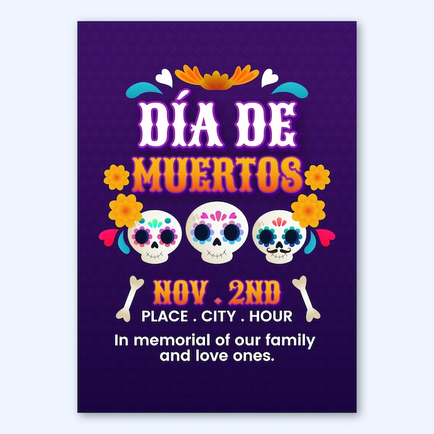 Vetor grátis modelo de cartaz vertical de celebração gradiente dia de muertos