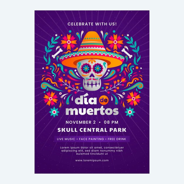 Modelo de cartaz vertical de celebração gradiente dia de muertos