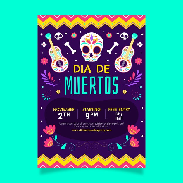 Modelo de cartaz vertical de celebração plana dia de muertos