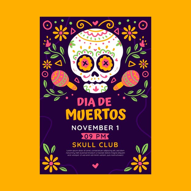 Modelo de cartaz vertical de celebração plana dia de muertos