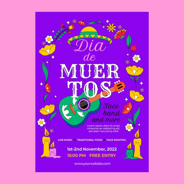 Modelo de cartaz vertical de celebração plana dia de muertos