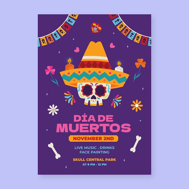 Modelo de cartaz vertical de celebração plana dia de muertos