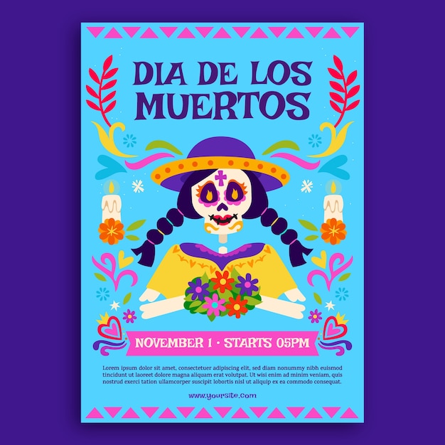 Vetor grátis modelo de cartaz vertical de celebração plana dia de muertos