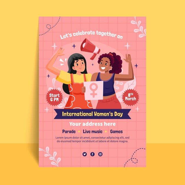 Modelo de cartaz vertical de celebração plana do dia da mulher