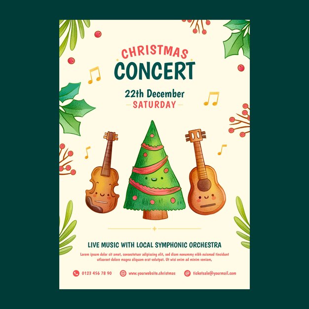 Modelo de cartaz vertical de concerto de natal desenhado à mão