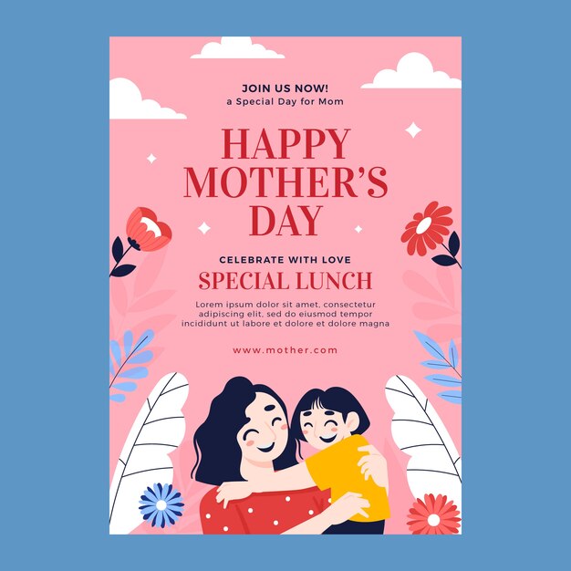 Modelo de cartaz vertical de dia das mães plana