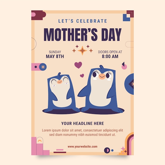 Modelo de cartaz vertical de dia das mães plana