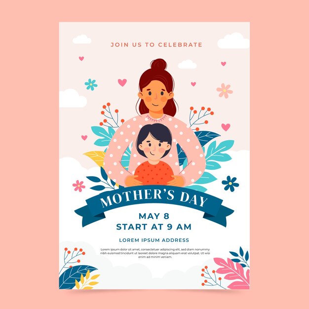 Modelo de cartaz vertical de dia das mães plana