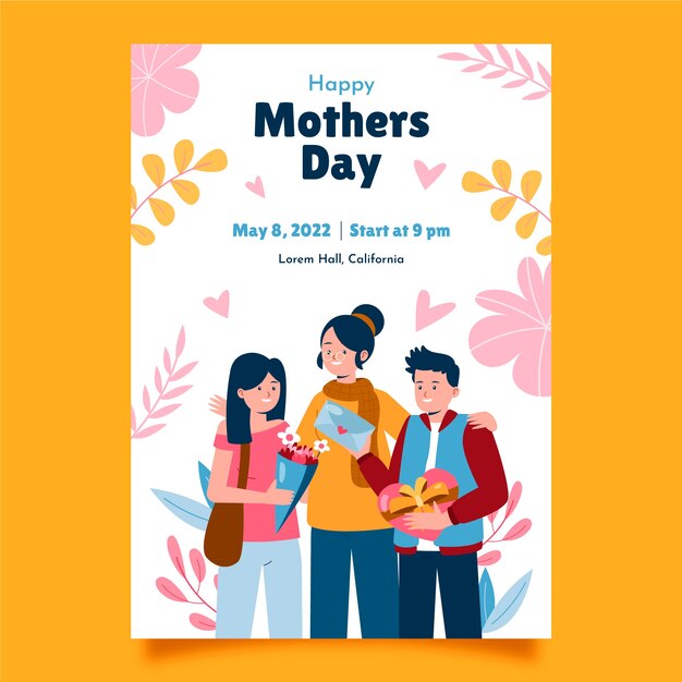 Modelo de cartaz vertical de dia das mães plana
