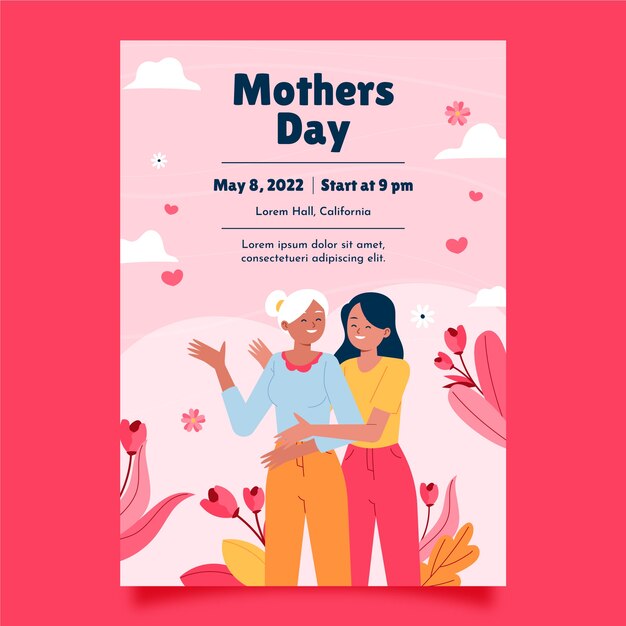 Modelo de cartaz vertical de dia das mães plana