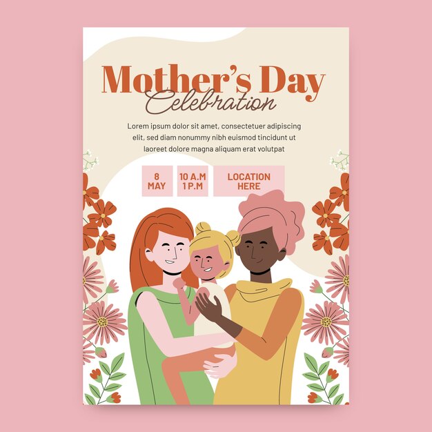 Modelo de cartaz vertical de dia das mães plana