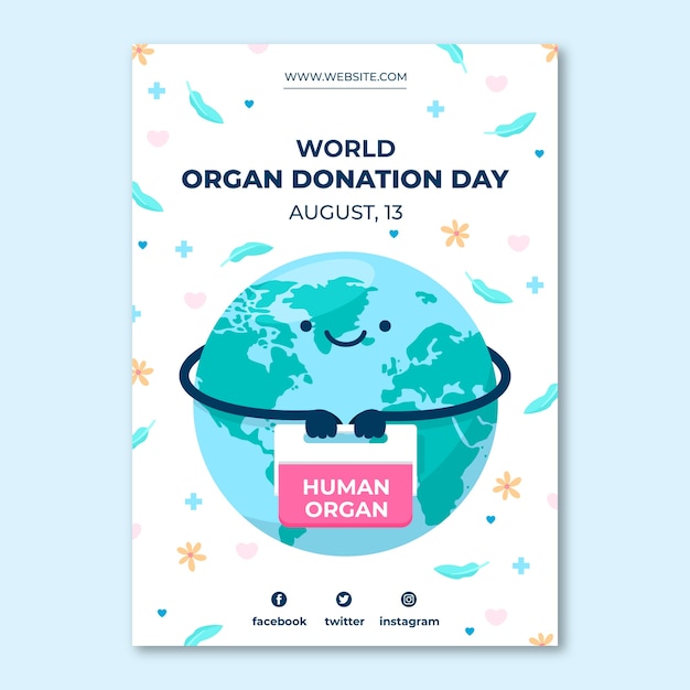 Modelo de cartaz vertical de dia de doação de órgãos do mundo plano com planeta