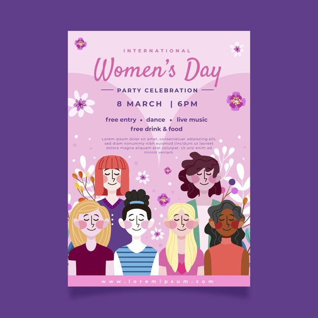 Modelo de cartaz vertical de dia internacional da mulher plana