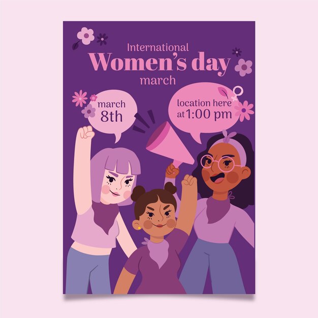 Modelo de cartaz vertical de dia internacional da mulher plana