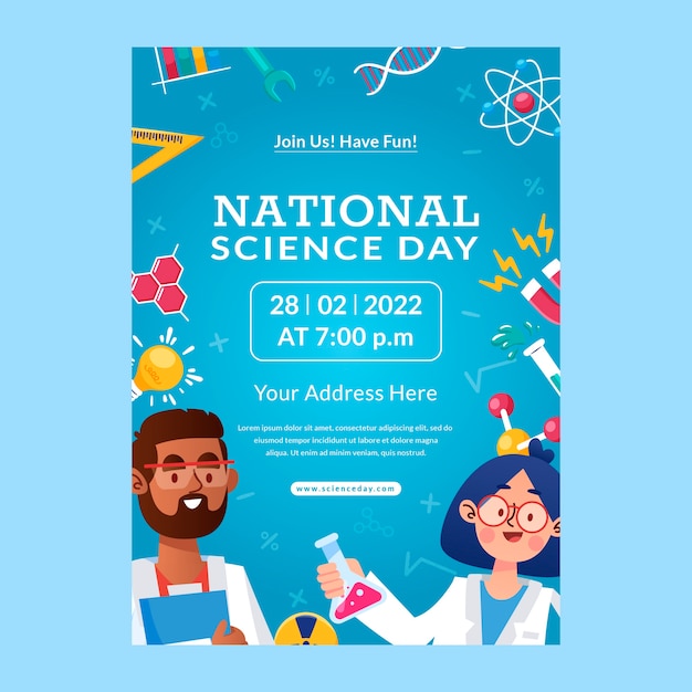 Vetor grátis modelo de cartaz vertical de dia nacional da ciência plana