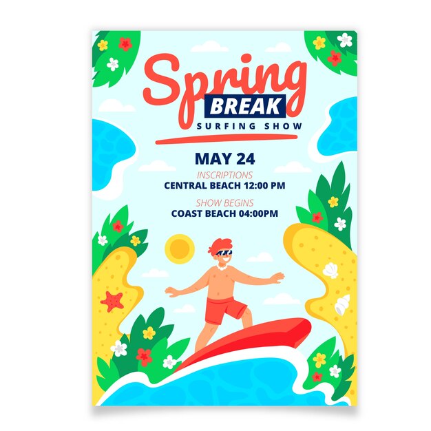 Modelo de cartaz vertical de férias de primavera plana