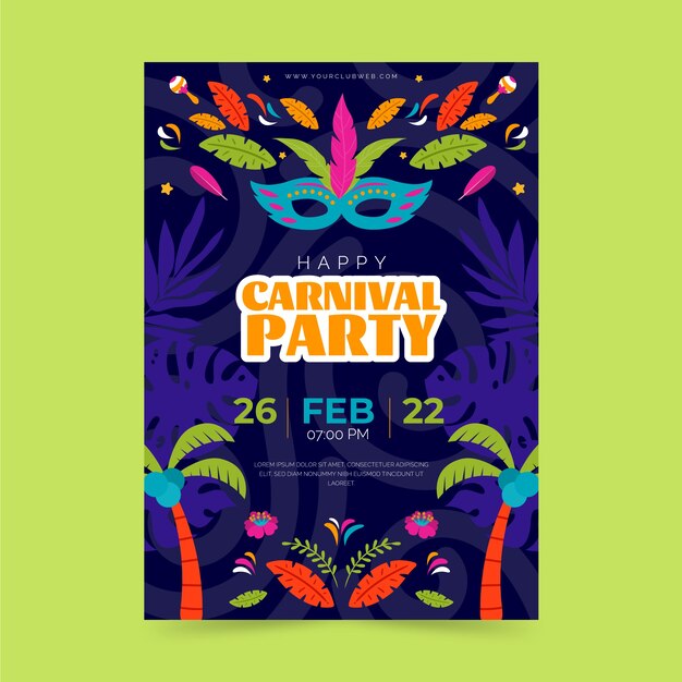 Modelo de cartaz vertical de festa de carnaval plano