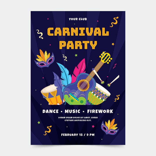 Modelo de cartaz vertical de festa de carnaval plano