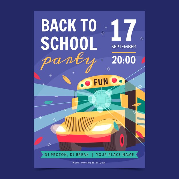 Modelo de cartaz vertical de festa de volta às aulas plana