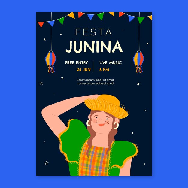 Modelo de cartaz vertical de festas juninas planas