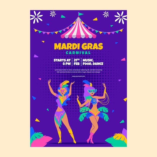 Modelo de cartaz vertical de festival de mardi gras plano