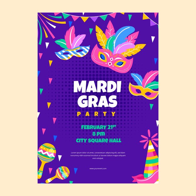 Modelo de cartaz vertical de festival de mardi gras plano