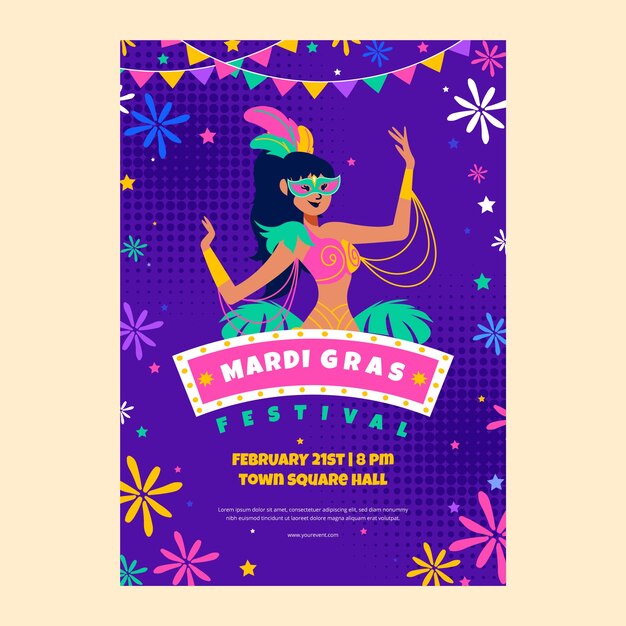 Modelo de cartaz vertical de festival de mardi gras plano