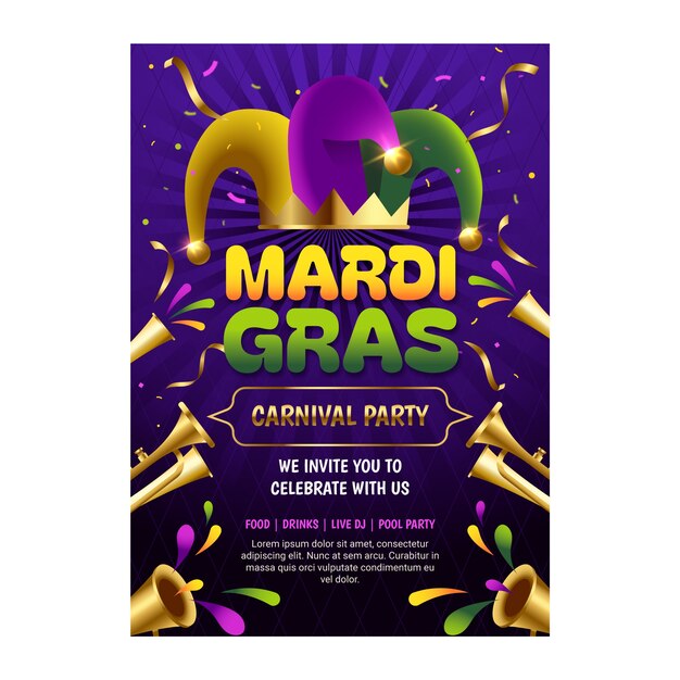 Vetor grátis modelo de cartaz vertical de gradiente para o festival de mardi gras