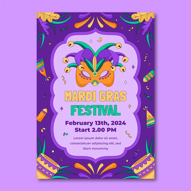 Vetor grátis modelo de cartaz vertical de mardi gras desenhado à mão