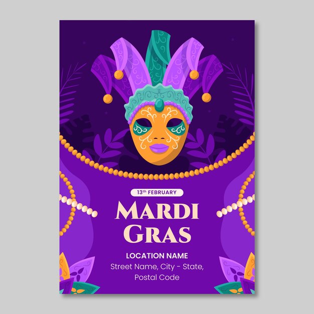 Modelo de cartaz vertical de mardi gras plano