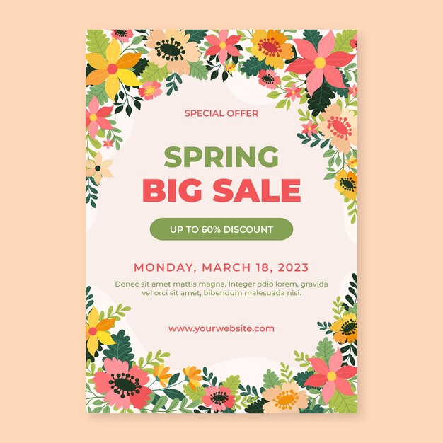 Modelo de cartaz vertical de primavera floral plana