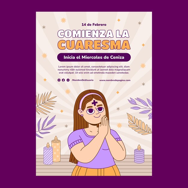 Vetor grátis modelo de cartaz vertical de quarta-feira de cinzas desenhado à mão