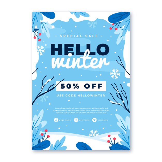 Modelo de cartaz vertical de venda de inverno plano desenhado à mão