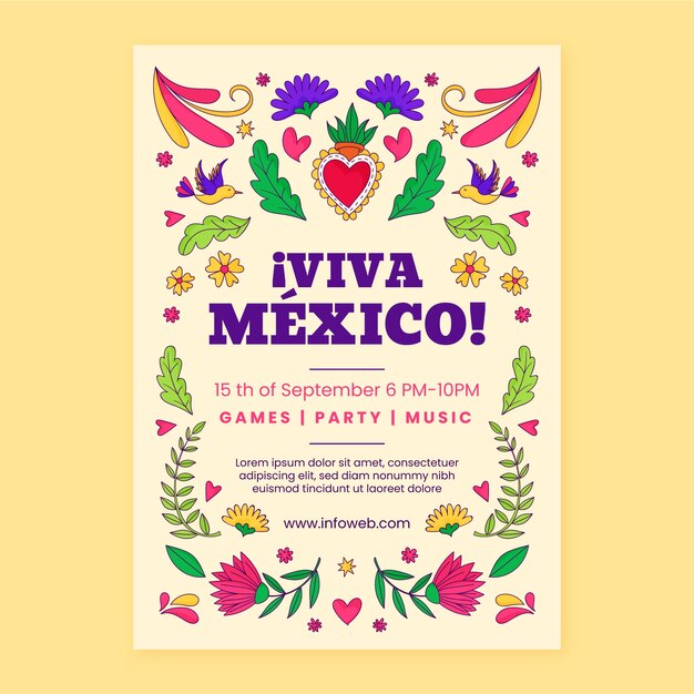 Modelo de cartaz vertical desenhado à mão para a celebração do Dia da Independência do México