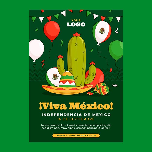 Modelo de cartaz vertical desenhado à mão para a celebração do dia da independência do méxico