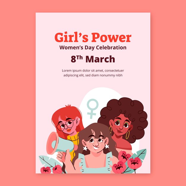 Modelo de cartaz vertical desenhado à mão para a celebração do Dia Internacional da Mulher.