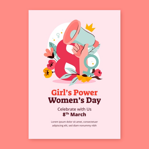Modelo de cartaz vertical desenhado à mão para a celebração do Dia Internacional da Mulher.