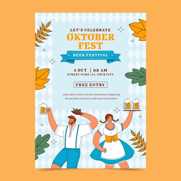 Modelo de cartaz vertical desenhado à mão para a celebração do festival de cerveja Oktoberfest