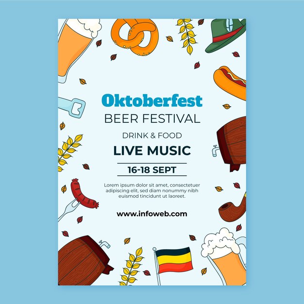 Vetor grátis modelo de cartaz vertical desenhado à mão para a celebração do festival de cerveja oktoberfest