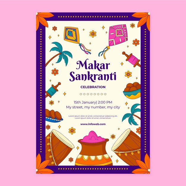 Modelo de cartaz vertical desenhado à mão para a celebração do festival makar sankranti