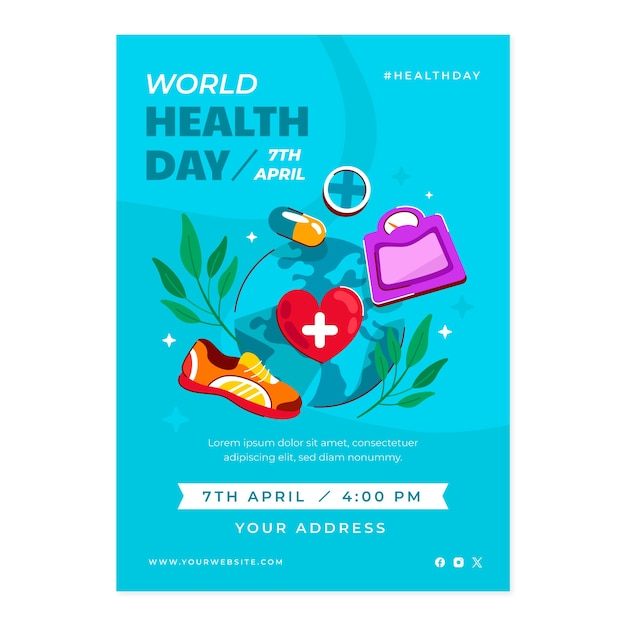 Vetor grátis modelo de cartaz vertical desenhado à mão para a conscientização sobre o dia mundial da saúde