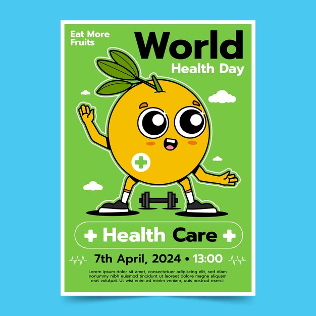 Modelo de cartaz vertical desenhado à mão para a conscientização sobre o Dia Mundial da Saúde